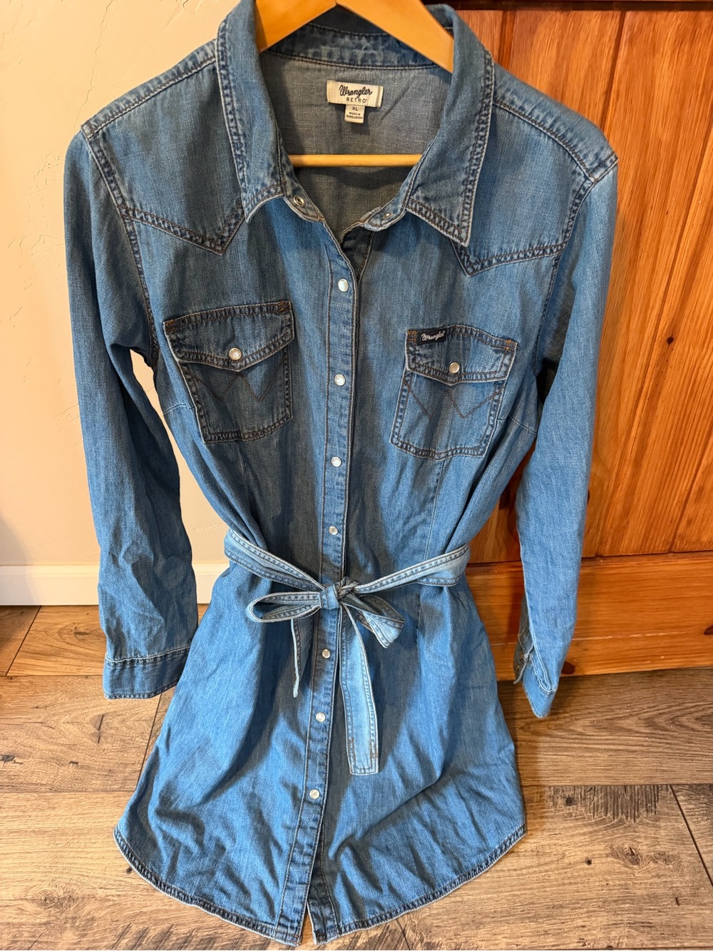 Wrangler Retro Denim Western Shirt Dress XL Pearl Snap Belted chambray cowgirl